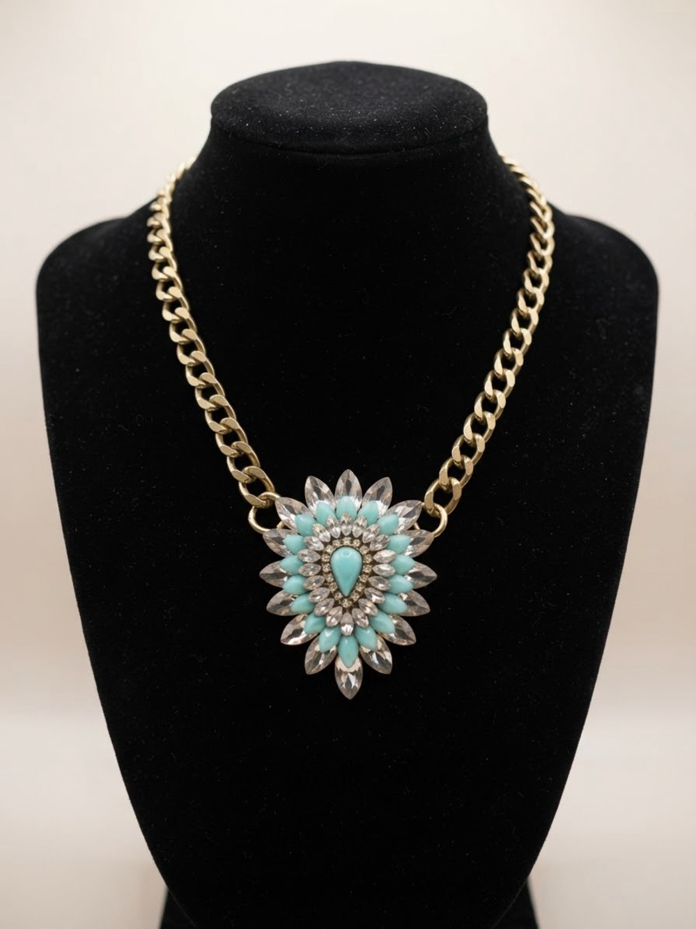 Gold Chain Necklace with Turquoise Flower Pendant - Women's Jewelry